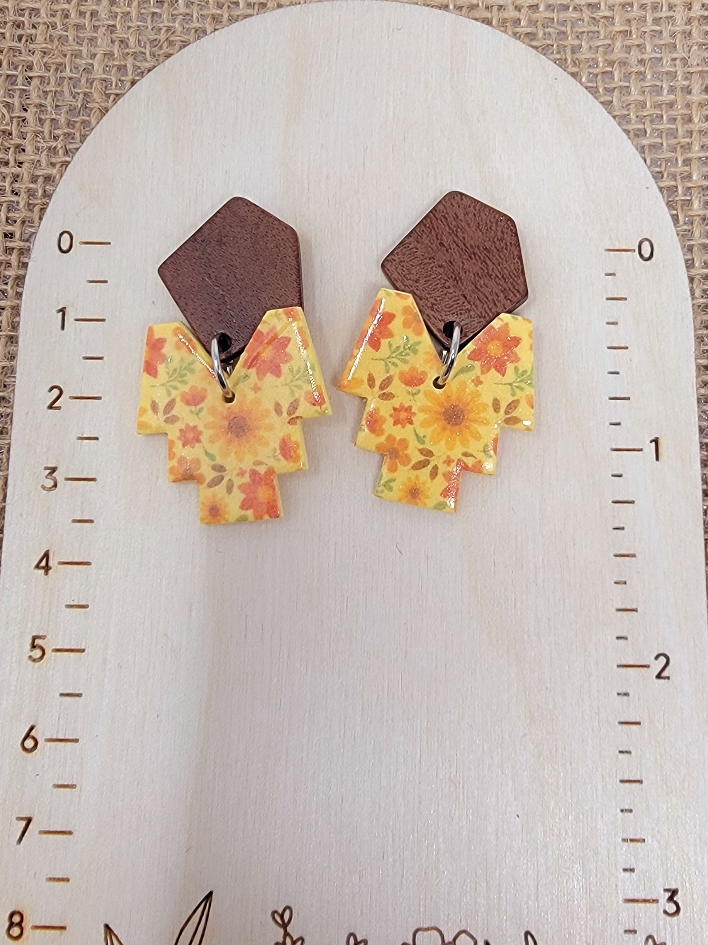 Yellow floral dangles with wooden top