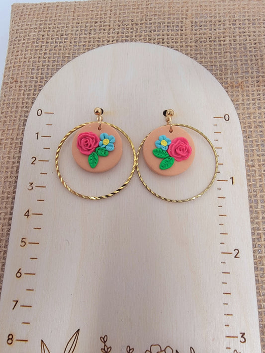 Peach floral dangles with brass hoop accent