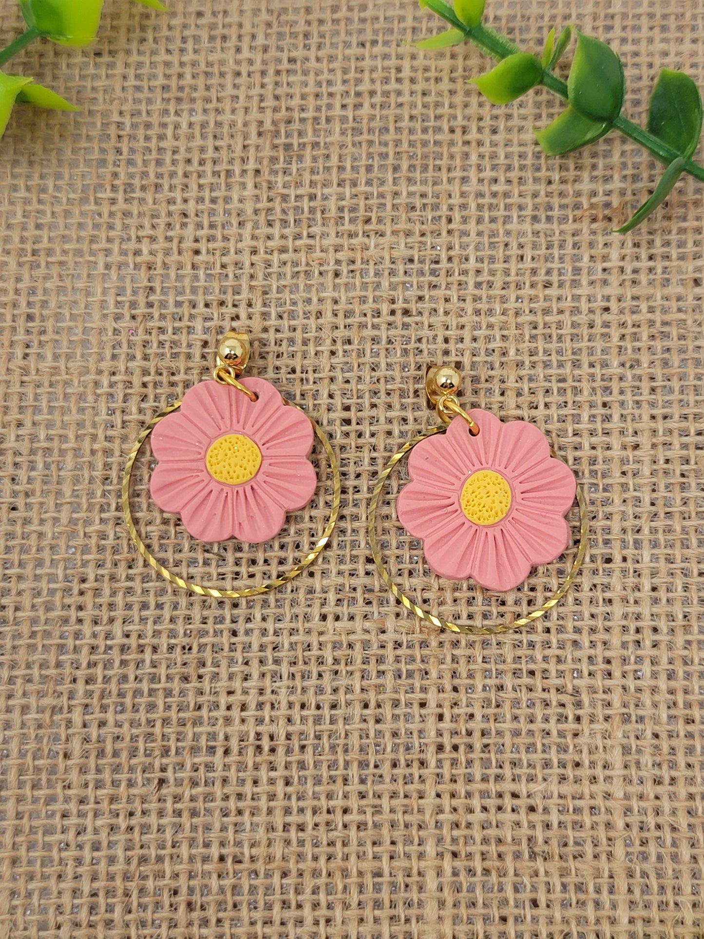 Peachy pink floral dangles with brass hoop accent