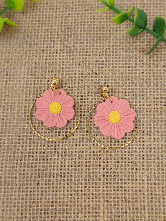 Peachy pink floral dangles with brass hoop accent