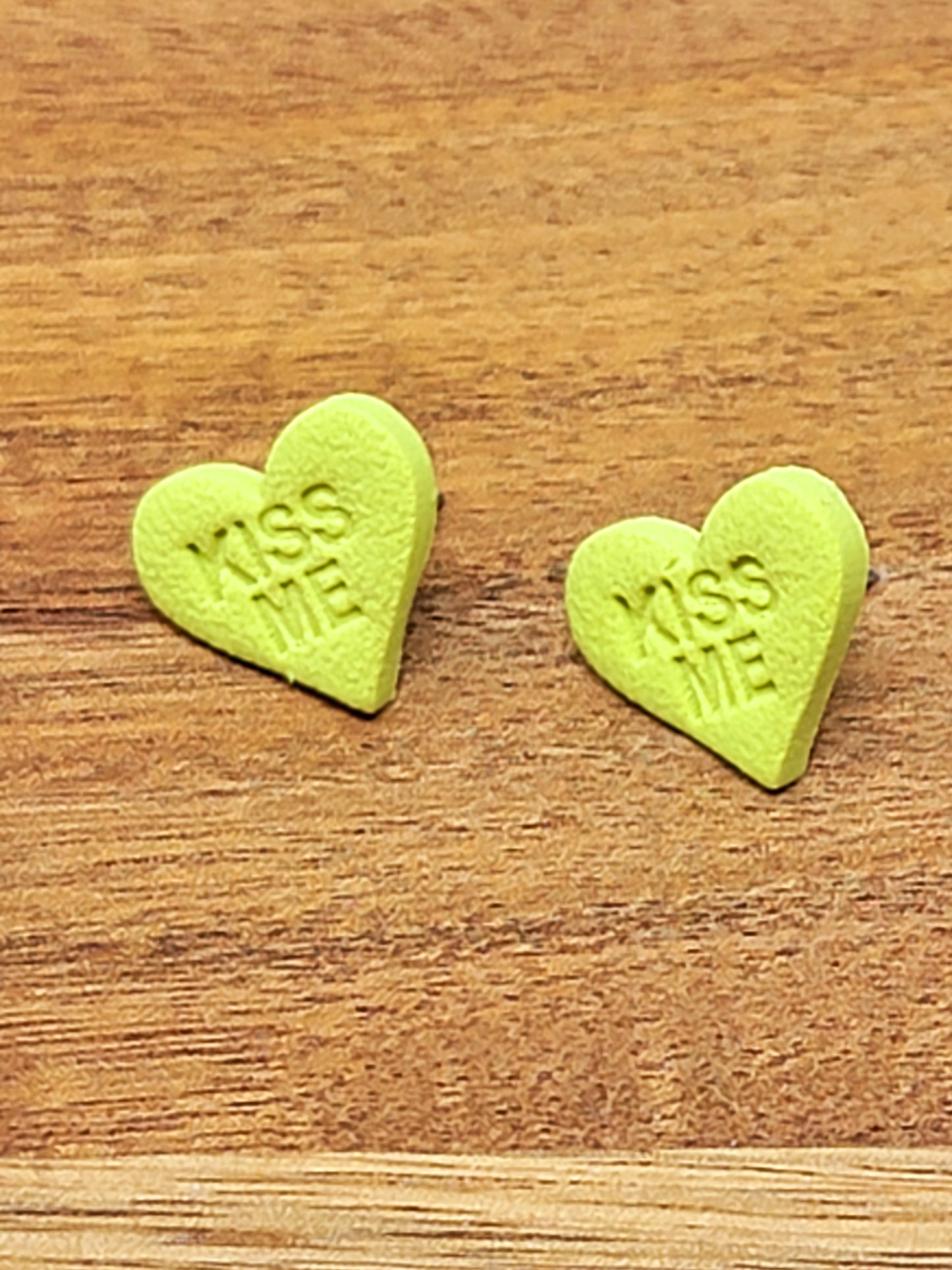 Green conversation hearts studs- kiss me