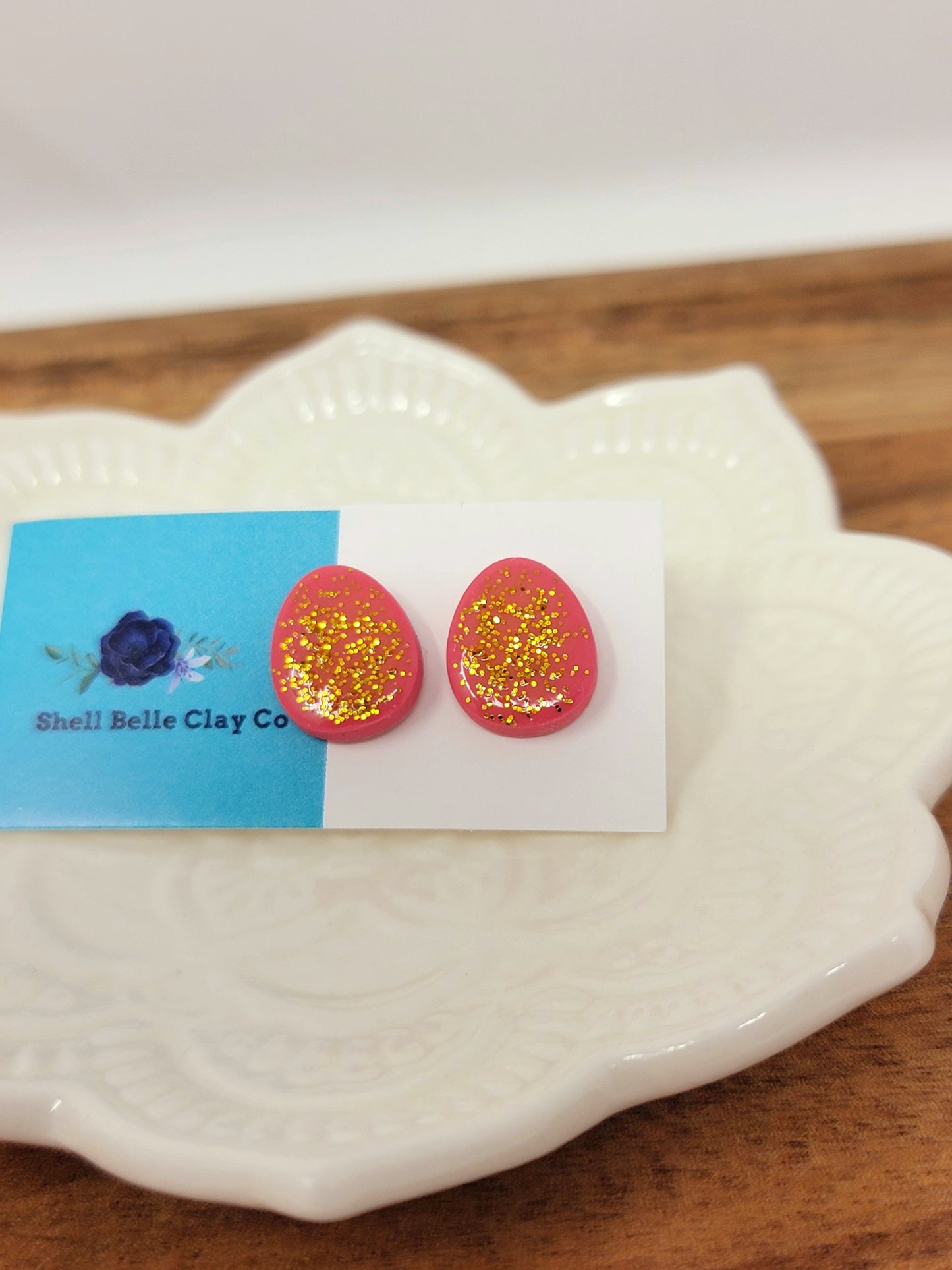 Golden speckled pink easter egg studs