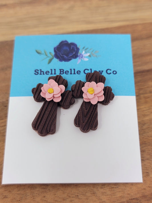 Pink flower wooden cross studs