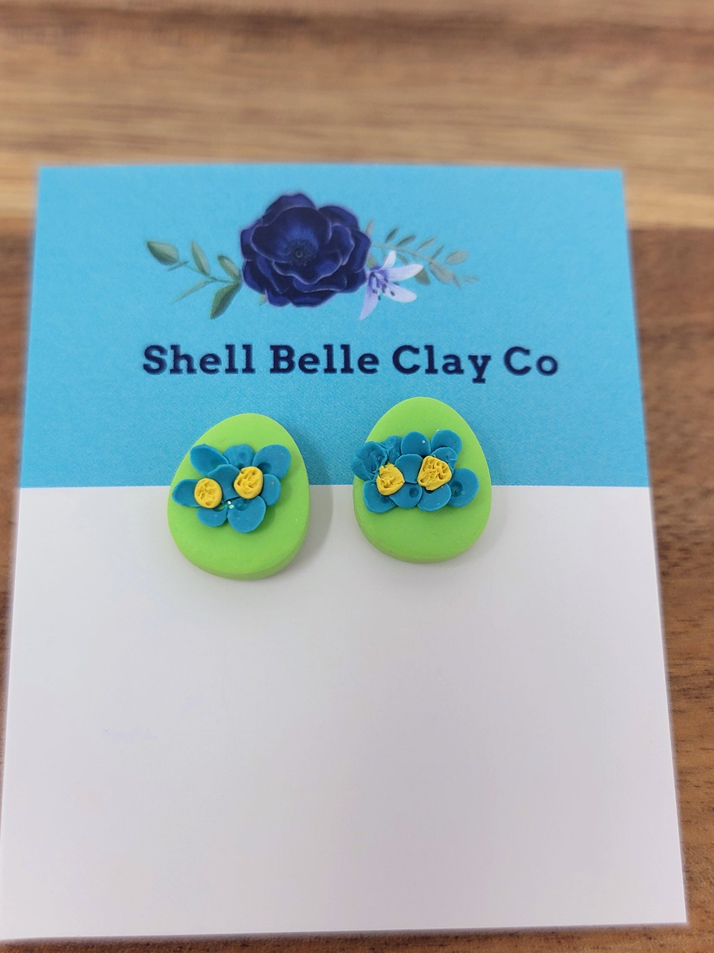 Blue flower green easter egg studs