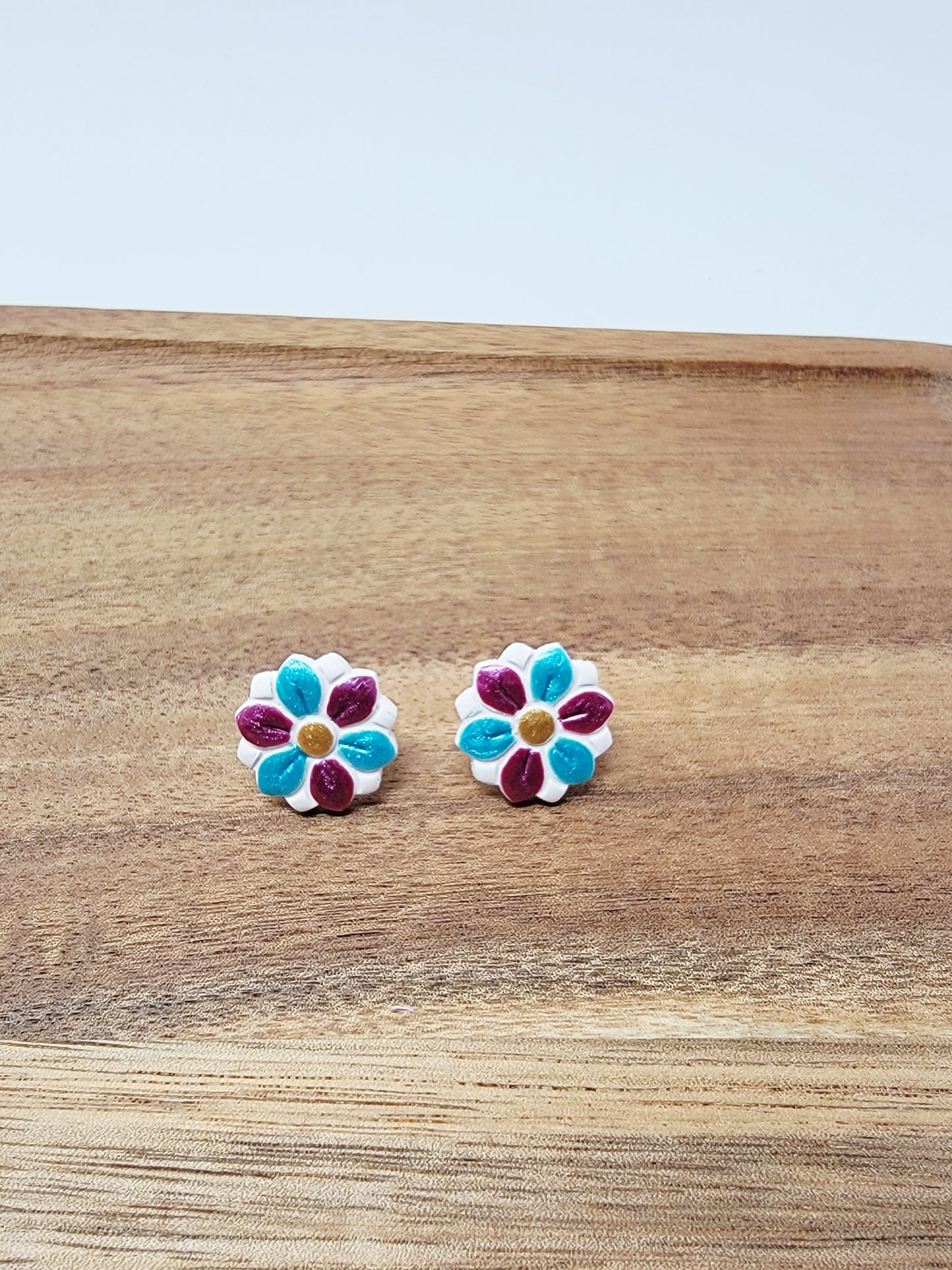 Metallic pink & teal flower studs
