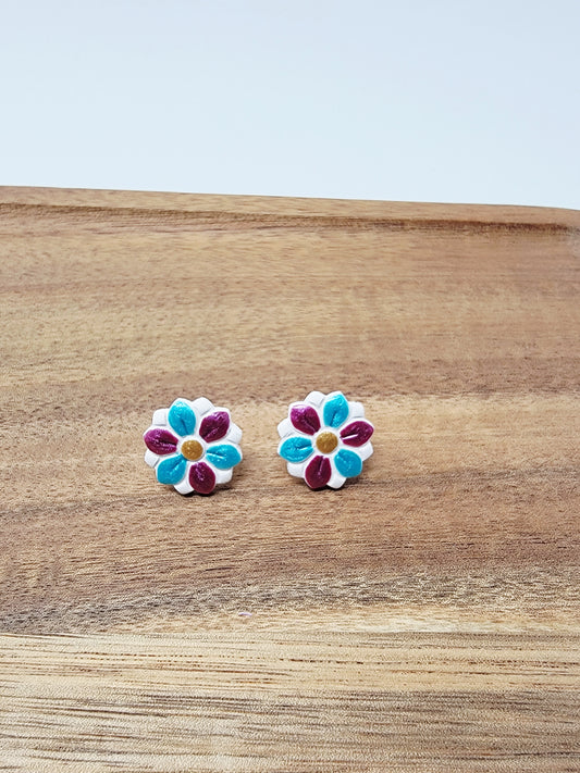 Metallic pink & teal flower studs