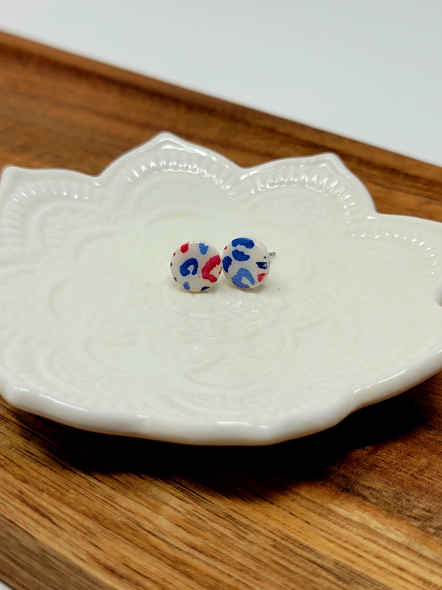 Red white & blue leopard print studs