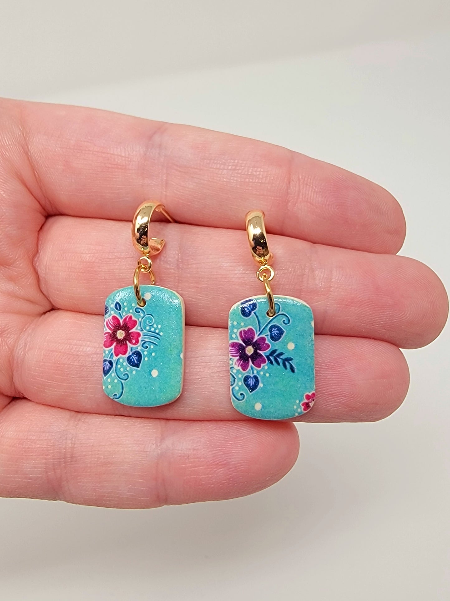 Teal dangles with floral pattern