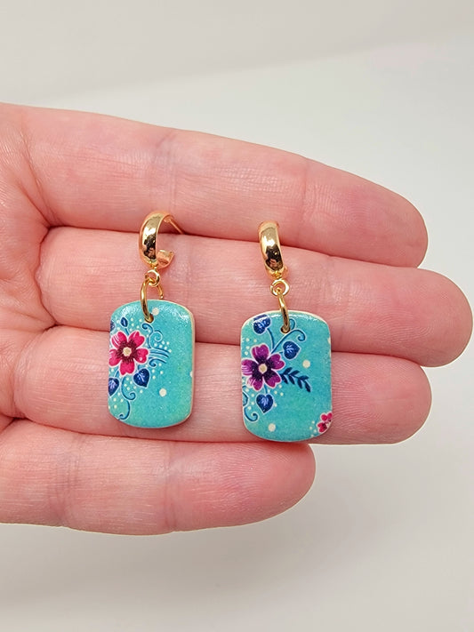 Teal dangles with floral pattern