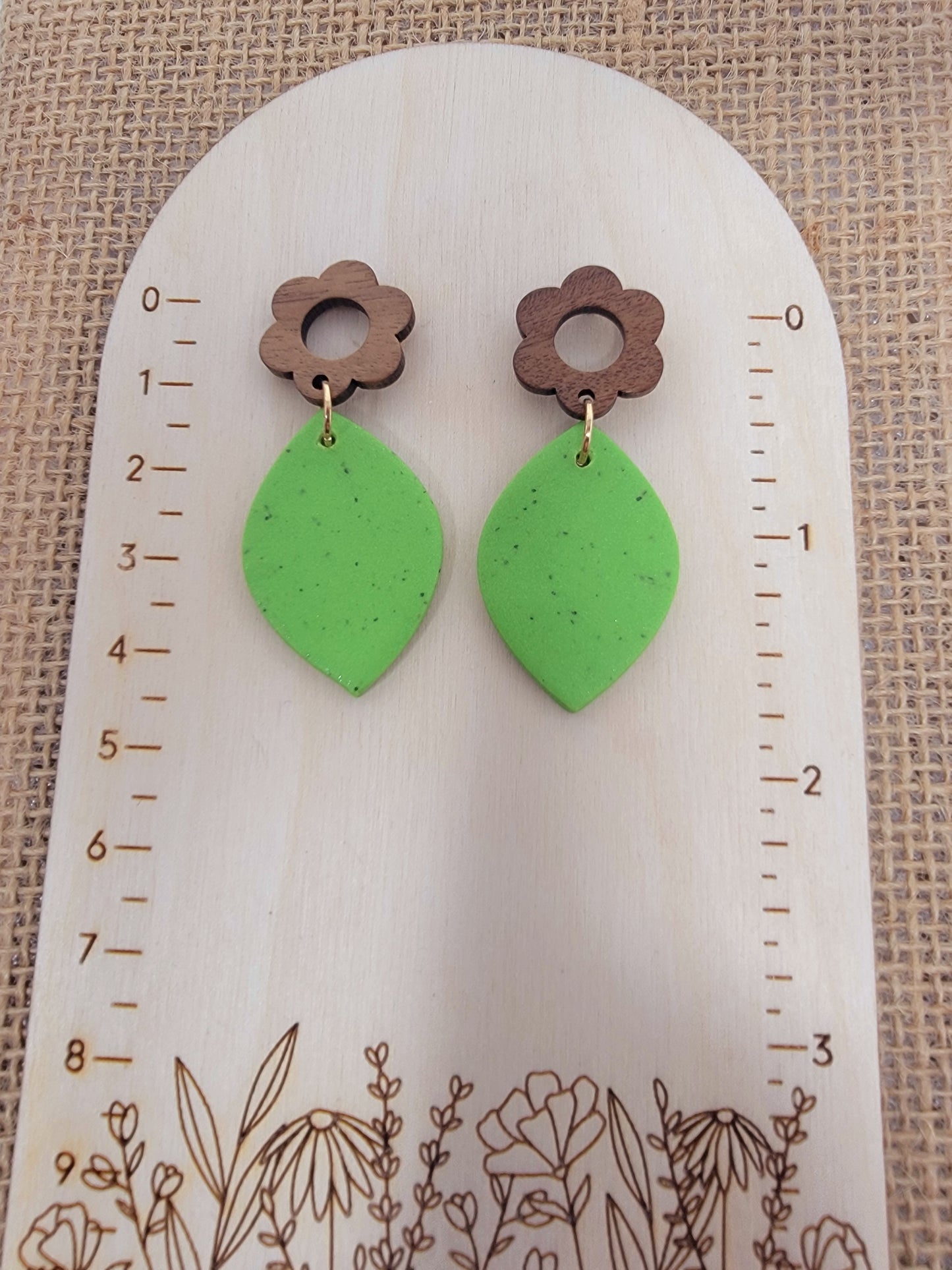 Green speckled dangles with wood top