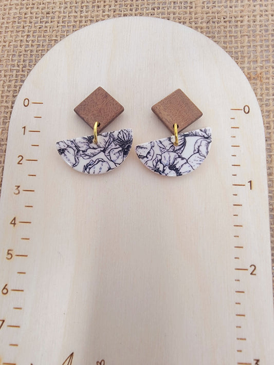 Black & white floral dangles with wood top