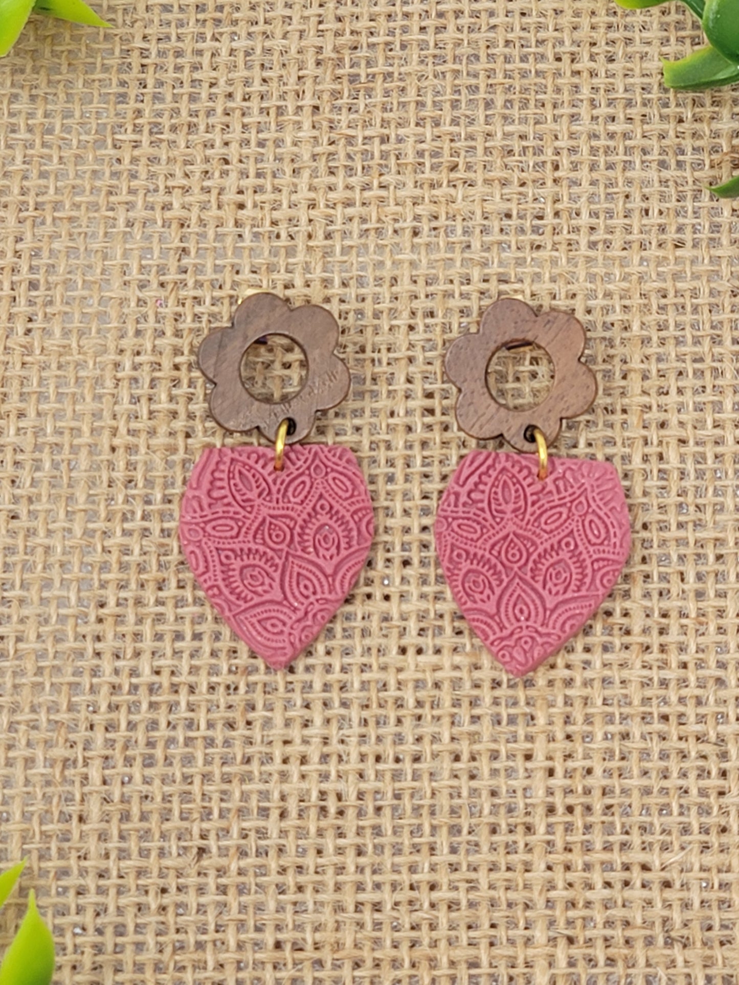 Textured dark pink dangles with floral wooden top