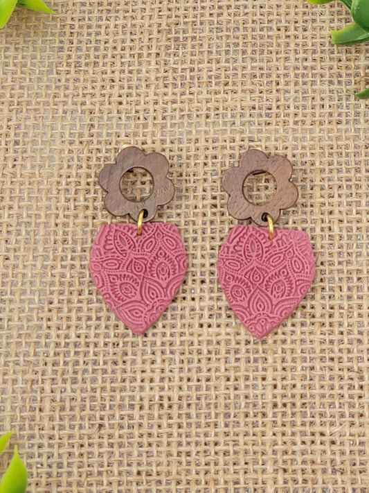 Textured dark pink dangles with floral wooden top