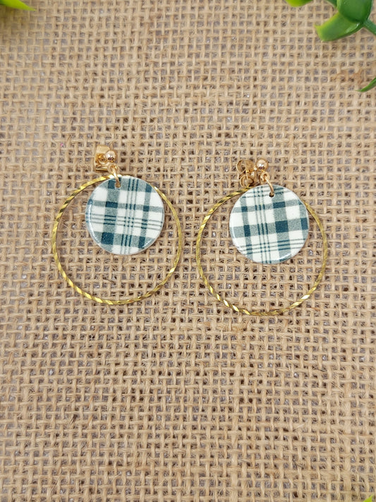 Green plaid dangles with brass hoop accent