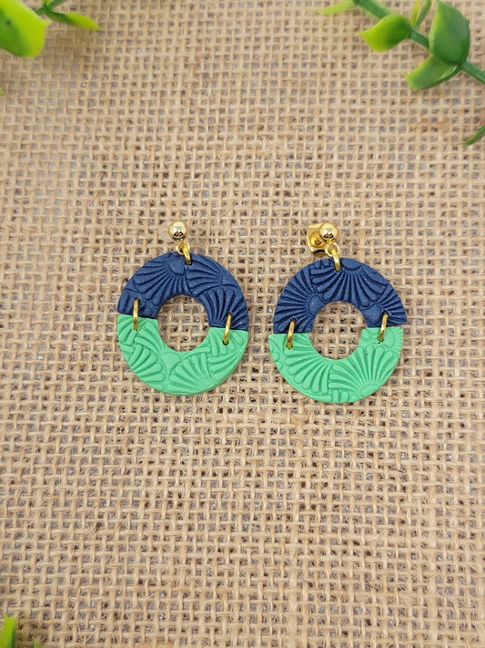 Blue and green textured round dangles