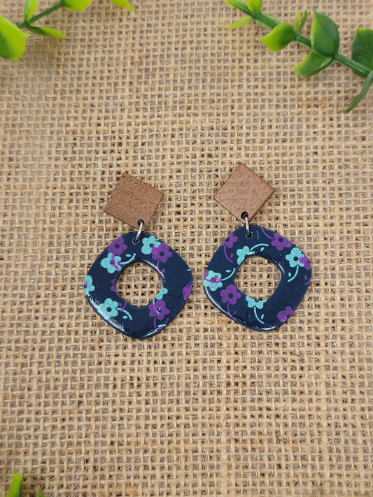 Dark navy floral dangles with wood top