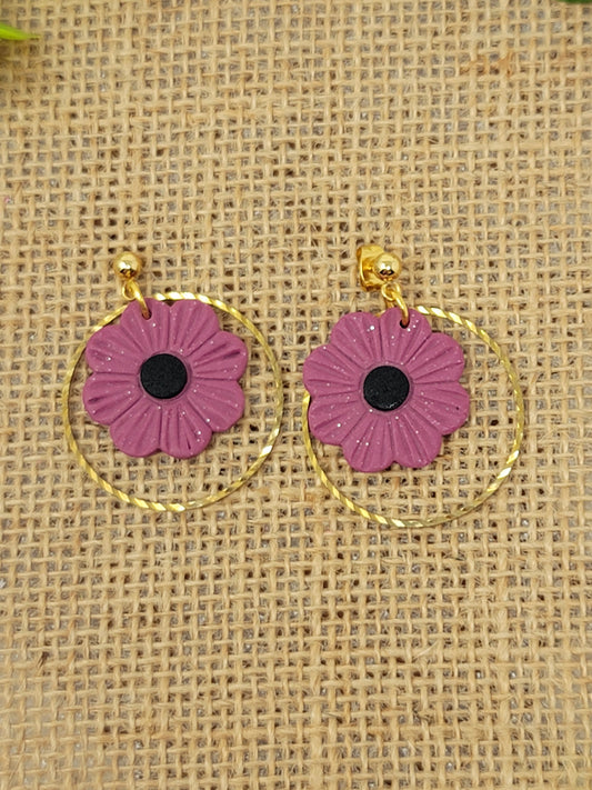 Dark mauve/pink floral dangles with brass hoop accent