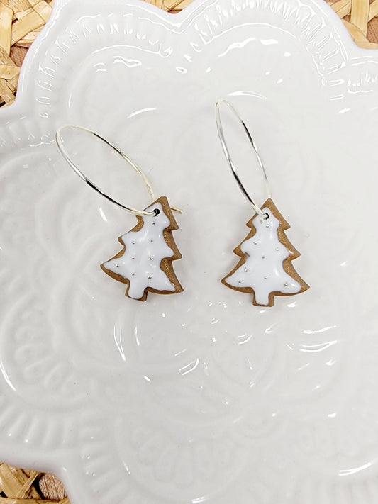 Frosted gingerbread christmas tree hoops in silver