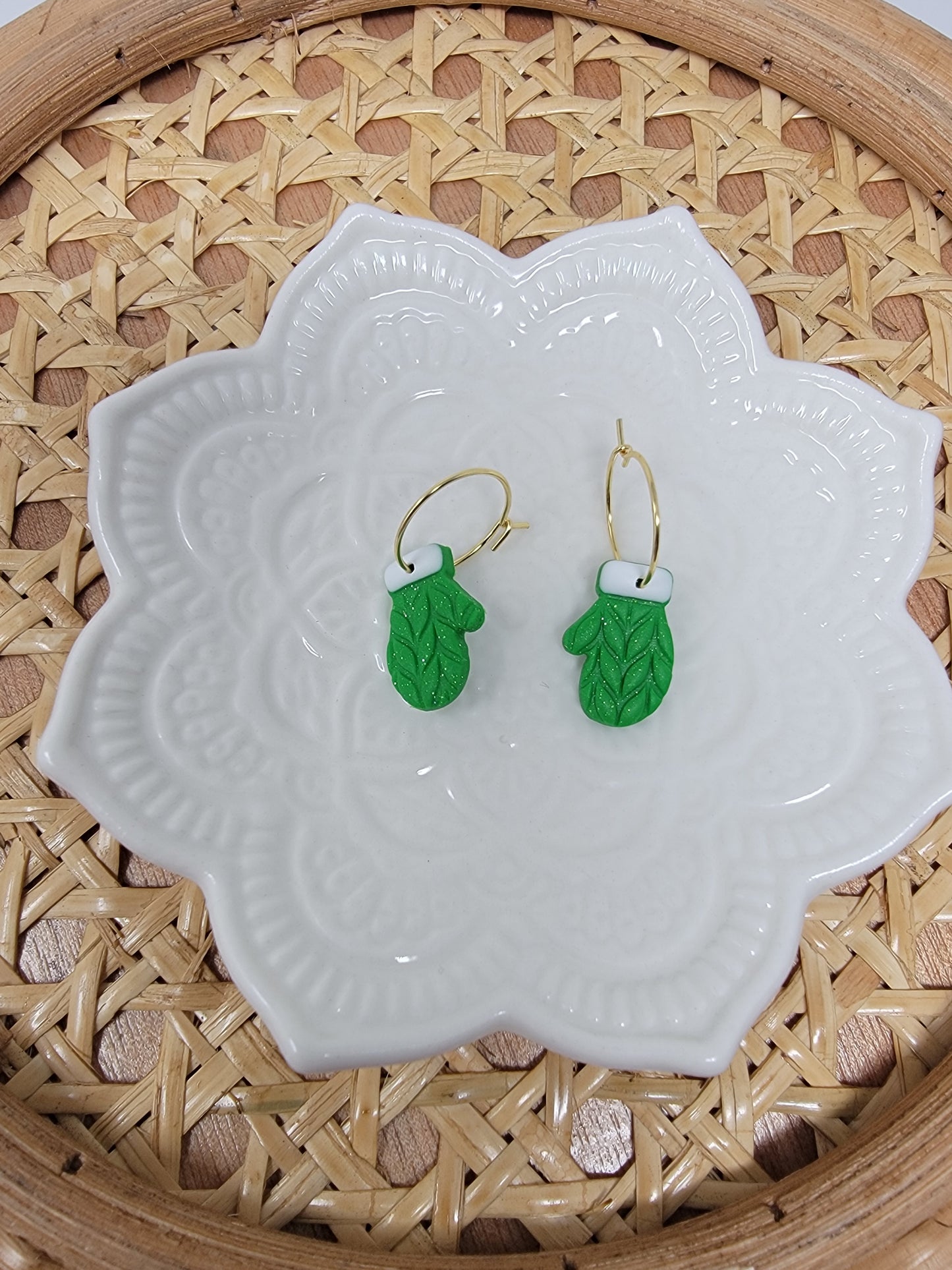 Green christmas mittens gold hoops