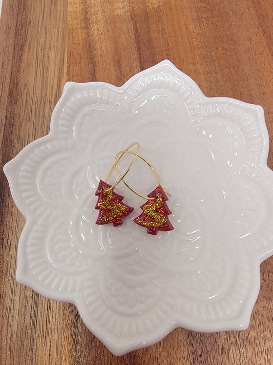 Red & gold christmas tree hoops