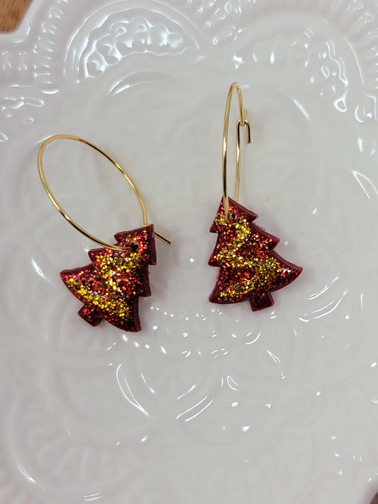 Red & gold christmas tree hoops