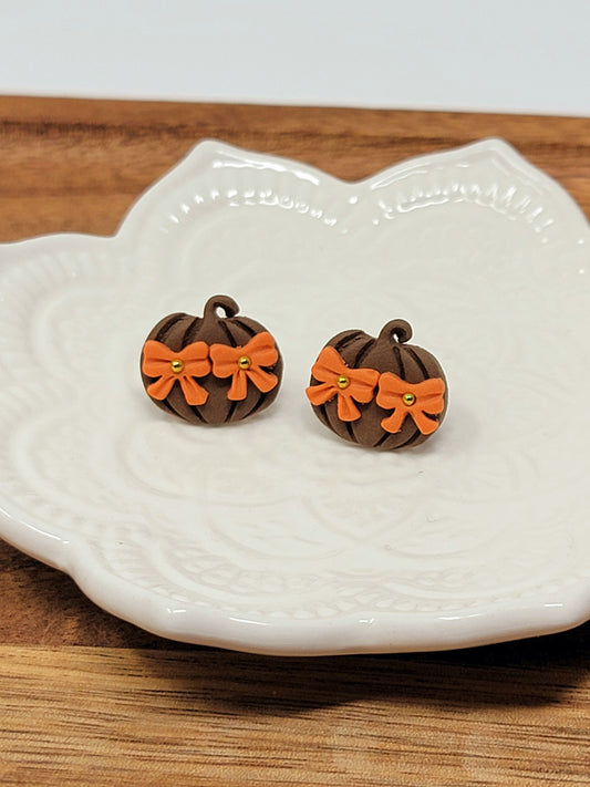 Brown pumpkin orange bow studs