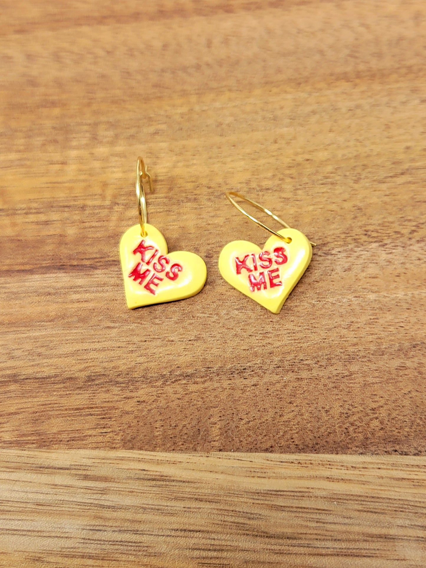 Yellow conversation heart hoops- Kiss Me