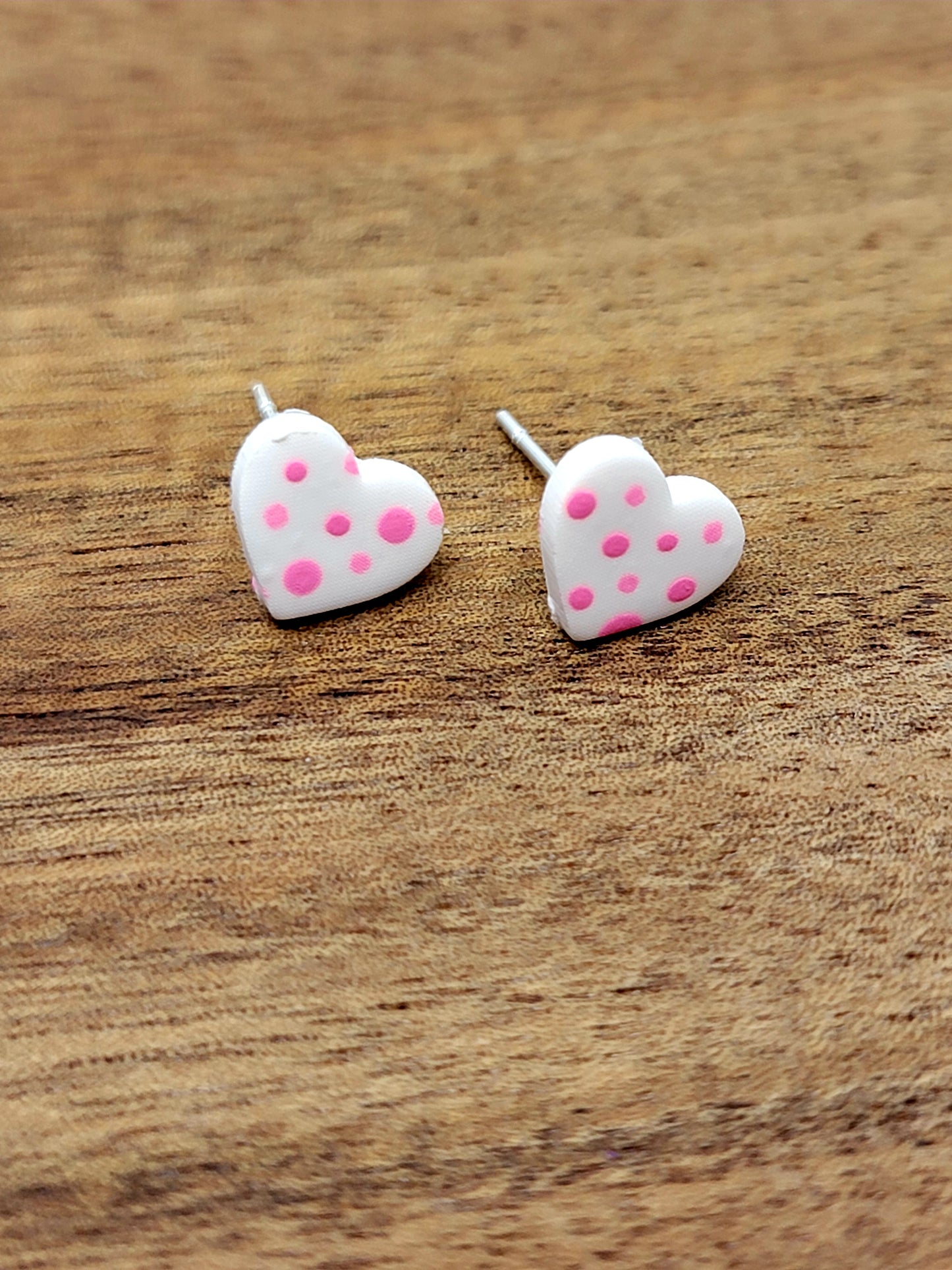 Pink polka dot micro heart studs