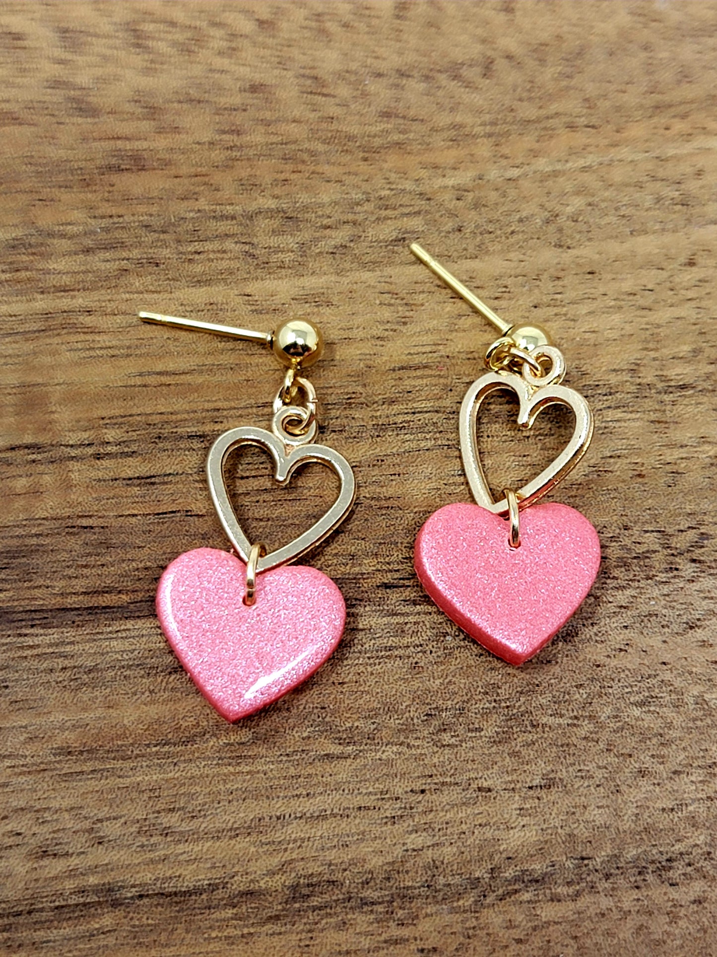 Shimmery pink and gold heart dangles