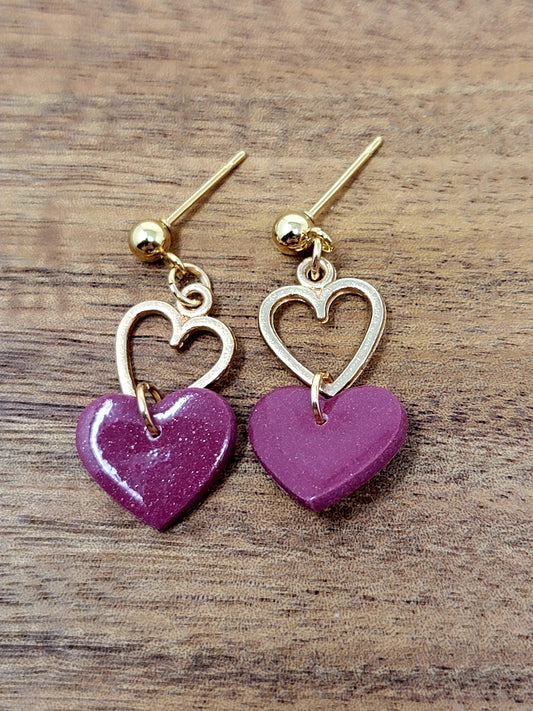 Maroon and gold heart dangles